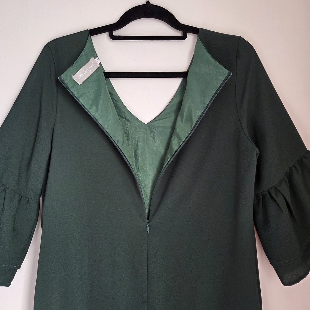 Belongsci Dark Green Loose Fit Shift Mini Dress 3/4 Tiered Bell Sleeve Size M - Picture 9 of 10